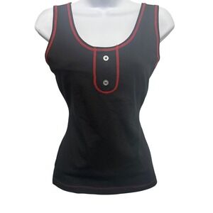 Jumping‎ Joy Black Tank Top Red Trim Henley Style Buttons Women's M